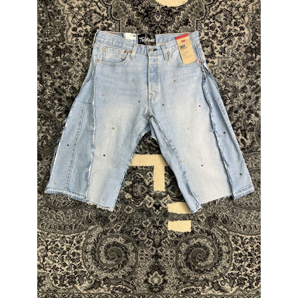 Mens Tristans Levi’s 501 Rhinestone  Denim Jorts Shorts Size 31w Light Blue